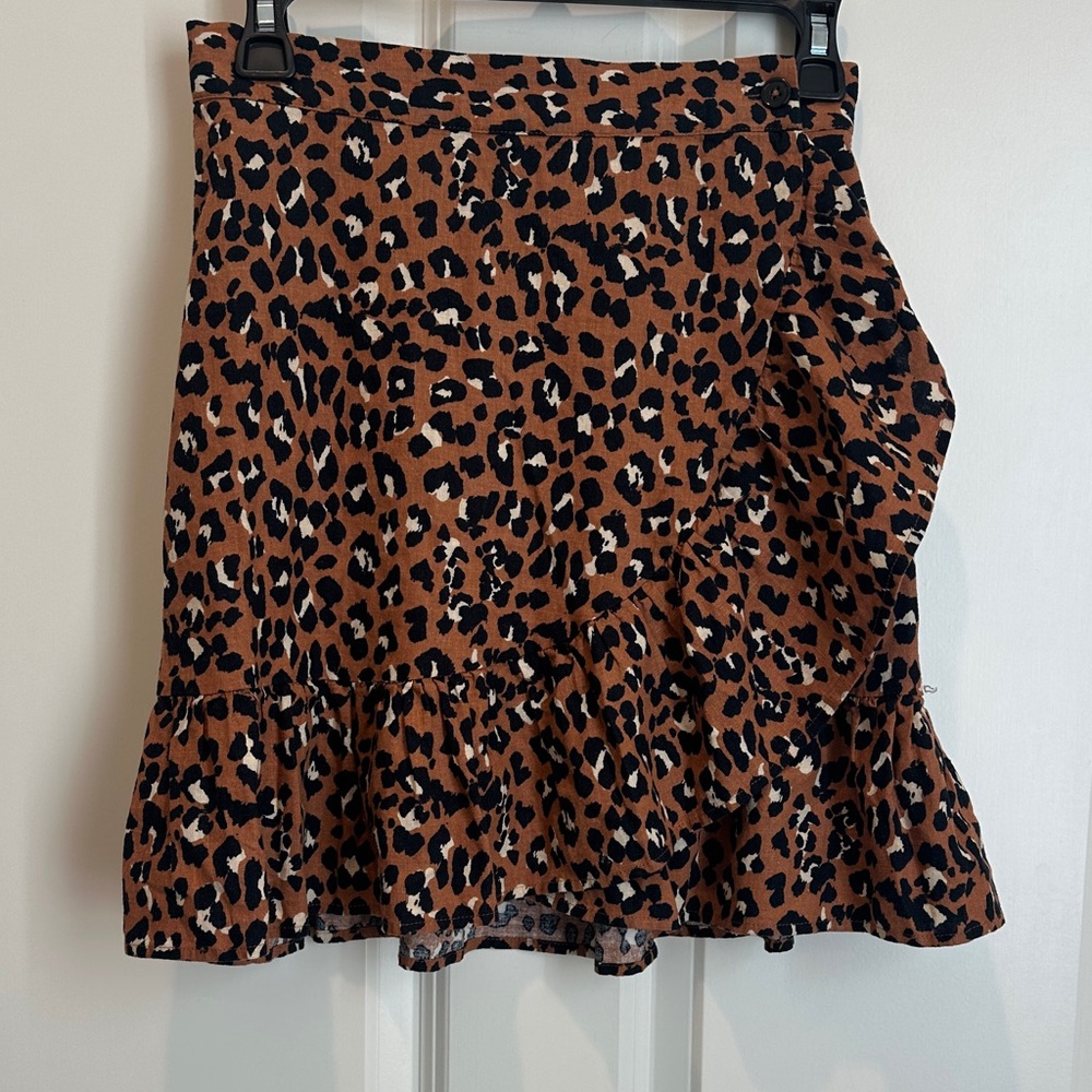 Rails Leopard Print Ruffle Wrap Mini Skirt in Brown, Black & Cream